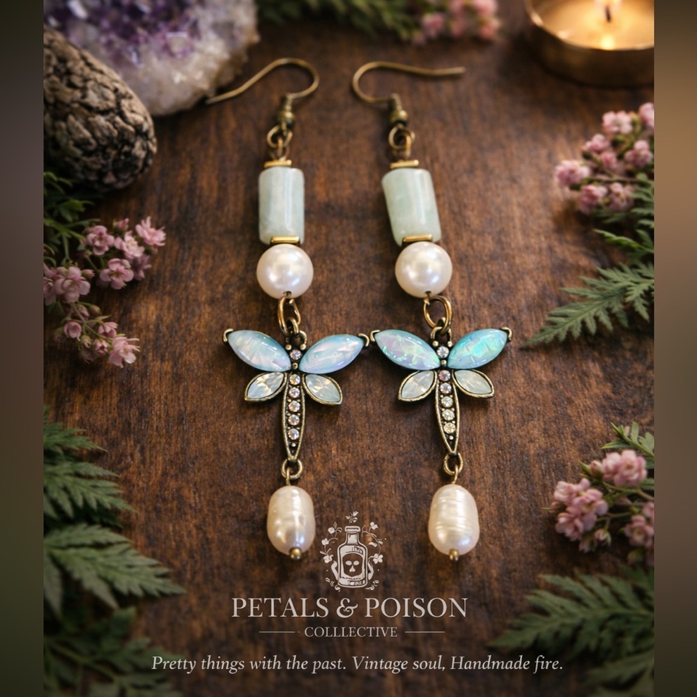 Dragonfly Drop Earrings | Aquamarine & Pearl | One of a Kind